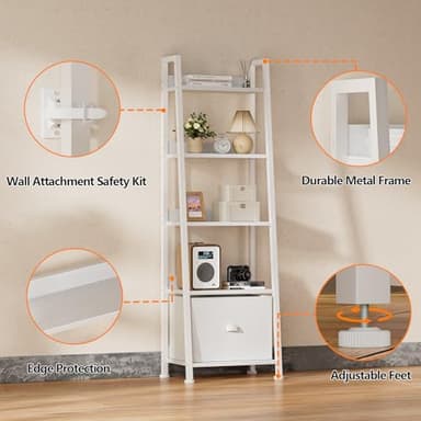 Furologee 5-Tier White Ladder Shelf, Ladder Bookshelf with Removable Drawer, Mordern Bookcase Storage Rack Organizer, Wood Metal Freestanding Storage Shelves for Living Room, Home Office, Bedroom - Image 8
