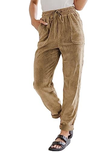 EVALESS Corduroy Pants for Women Petite Casual Drawstring Elastic High Waist Straight Leg Pants Fall Winter 2025 Loose Comfy Trousers with Pockets Khaki Small - Image 1