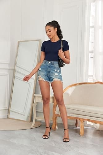 DSPSAM Plus Size Bodysuits for Women Short Sleeve Body Suits Shapewear Shirts Crew Neck Going Out Tops for Women (Navy X-Large) - Image 4