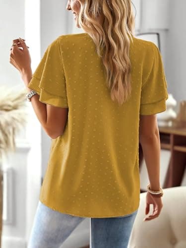 Falechay Plus Size Tops for Women Dressy Casual Short Sleeves Going Out Womens Blouses V Neck Ruffle Sleeve Summer Shirts Tunic Business Cute Swiss Dot Boho Top Bohemian Flowy Shirt Yellow 2XL - Image 3