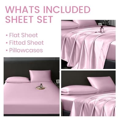 Revdomfly 4 Pcs Full Size Luxury Silky Soft Pink Satin Sheet Set,1 Premium Moisture Wicking Fitted Sheet Fits Up to 16 Inches Deep Pocket + 1 Flat Sheet + 2 Pillowcases(Pink, Full) - Image 7