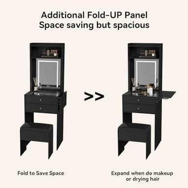 ARTETHYS Small Vanity Desk Set with 3 Adjustable Lighted Mirror and Storage Chair Mini Black Makeup Vanities Set for Bedroom Compact Make up Dressing Table with Fold-up Panel for Tiny Space - Image 3