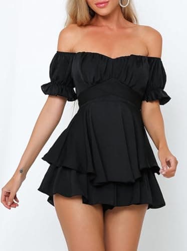 Fixmatti Women Summer Casual Slash Neck Short Sleeve Belted Chiffon One Piece Romper Shorts Black L - Image 5