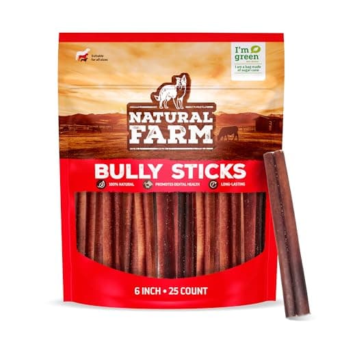 Natural Farm Odor-Free Bully Sticks (6 Inch, 25 Pack), 1.3 lb. Bag, Fully Digestible 100% Beef Pizzle Chews, Grass-Fed, Non-GMO, Grain-Free, Natural Long-Lasting Chews for Small & Large Dogs - Image 1