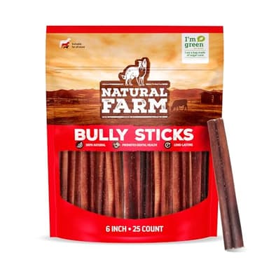 Natural Farm Odor-Free Bully Sticks (6 Inch, 25 Pack), 1.3 lb. Bag, Fully Digestible 100% Beef Pizzle Chews, Grass-Fed, Non-GMO, Grain-Free, Natural Long-Lasting Chews for Small & Large Dogs - Image 1
