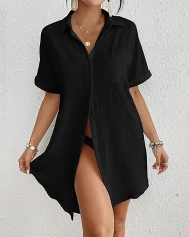 Bsubseach Women Swimsuit Coverup Shirt Dress Button Down Bathing Suit Cover Up Beachwear Black XL - Image 3