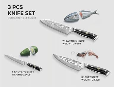 Damascus Kitchen Knife Set 3 PCS: NSF Food-Safe Japanese Knives with VG10 Steel Core, Ultra-Sharp Professional Chef Knife Set and Full Tang G10 Handle, Elegant Box - Image 6