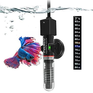 PULACO 25W Small Aquarium Submersible Betta Heater with Free Thermometer Strip, Under 6 Gallon Fish Tanks (Preset Temperature 78℉) - Image 1