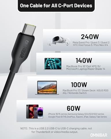 Omnibar Silicone USB C to USB C Cable (6FT, Black), 240W USB C Fast Charging Cable, USB Type C Charger Cord for iPhone 16 15 Samsung S25 S24 iPad MacBook Pro Laptop Tablet Switch Steam Deck PS5 GoPro - Image 6
