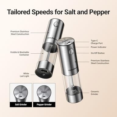 ThermoMaven Upgraded Larger Capacity Electric Salt and Pepper Grinder Set, 110ml Rechargeable Salt and Pepper Shaker with LED light, Stainless Steel Automatic Pepper Mill with 6 Adjustable Coarseness - Image 6