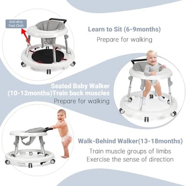 TreeCute Baby Walker Foldable with 9 Adjustable Heights, Baby Walker with Wheels Portable, Infant Toddler Walker for Baby Boy Girls 6-18 Months (White) - Image 5