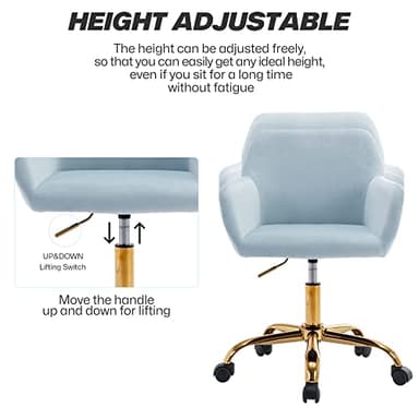 KCC Velvet Office Desk Chair, Comfy Swivel Modern Leisure Armchair with Wheels, Upholstered Comfy Velvet Fabric Makeup Chair Height Adjustable for Teens Women Girls Elegant Home Office, Baby Blue - Image 4