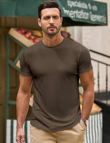 JMIERR Mens Short Sleeve T Shirt Muscle Slim Fitted Henley Shirt Crewneck Longline Tees Shirts for Gym Workout Athletic, US 46(XL), Brown - Image 7