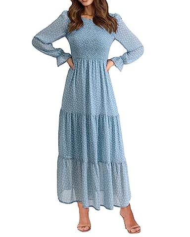 BTFBM Women Casual Long Sleeve Crew Neck Fall Dress Bohemian Relaxed Fit Floral Flowy Maxi Dresses Tiered Cocktail Dress(Floral Blue White,XX-Large) - Image 1