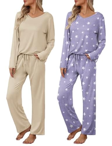 Ekouaer Womens 2 Pack Pajama Set Long Sleeve Pajamas Top and Pants V Neck Pjs Set Soft Loungewear with Pockets - Image 1
