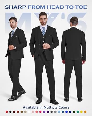 MY'S Men's 3 Piece Slim Fit Suit Set with Tie, 2 Button Blazer Jacket Vest & Pants, Business Wedding Party Prom Suit for Men, Black Medium - Image 2