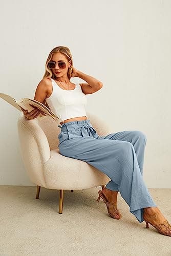 IWOLLENCE Women's Wide Leg Pants with Pockets High Waist Adjustable Knot Loose Casual Trousers Business Work Casual Pants Haze Blue Small - Image 4