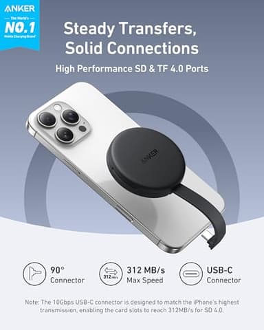 Anker MagGo USB-C Adapter, SD Card Reader for USB C iPhone 16/15 Series(Not for12/13/14), Portable Magnetic Memory Card Reader with Built-in Cable, Slots for SD&TF, 312MB/s Max Data Transfer(Black) - Image 2