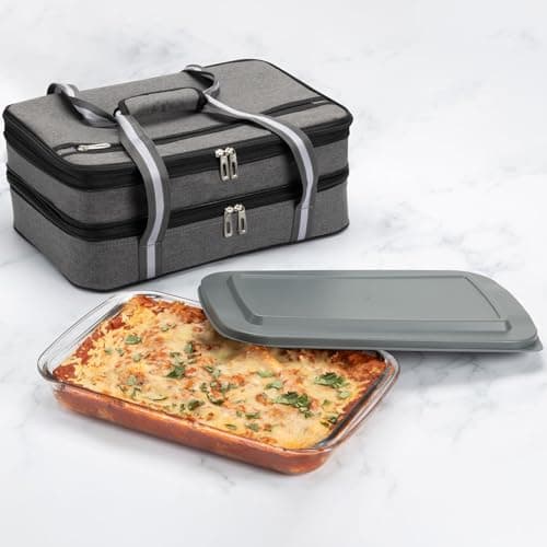 Stack Store Plus More Insulated Expandable Casserole Carrier with Baking Dish and Lid - Lasagna Holder for Picnic Potluck Beach Day Trip Camping Hiking - Hot and Cold Thermal Bag in Gray - Image 1