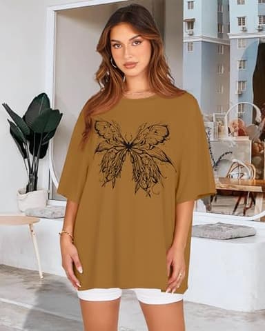 Womens Oversized Tshirt Graphic Tees Crew Neck Summer Short Sleeve Loose Fit Tops(Brown Butterfly, XXL) - Image 2