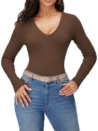 iGENJUN Women Long Sleeve V Neck Shirts for Women Business Casual Work Top Knit Slim Fit for Fall,XL, Brown - Image 4
