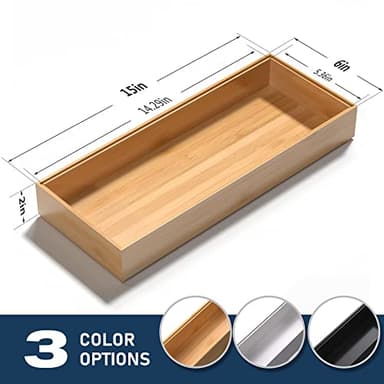 VeyFey Bamboo Drawer Organizer, Stackable Utensil Organizer for Kitchen, Bamboo Storage Box Wood Silverware Tray for Drawer 15" x 6" x 2" Set of 2 - Image 2