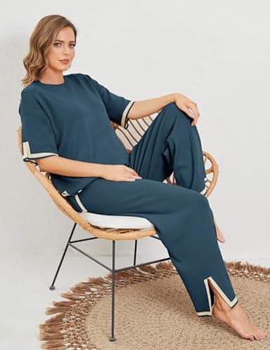Faleave Womens Knit 2 Piece Sweater Sets Short Sleeve Pullover Tops Elastic Waist Wide Leg Pants Lounge Set(Navy-L) - Image 6