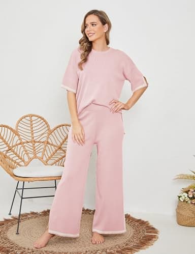 Tanming Sweater Sets Women 2 Piece Lounge Sets Short Sleeve Knit Pullover Tops Wide Leg Pants (Pink-XS) - Image 3