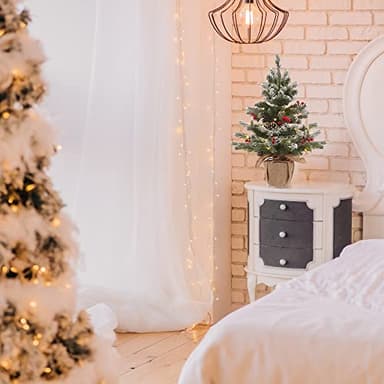 24 Inch 2 FT Pre-lit Snowy Mini Christmas Tree, DECSPAS Small Tabletop Flocked Christmas Tree with 20 LED Lights Red Berries Pine Cones and Cloth Bag Base Xmas Decorations for Holiday Party (Color A) - Image 7