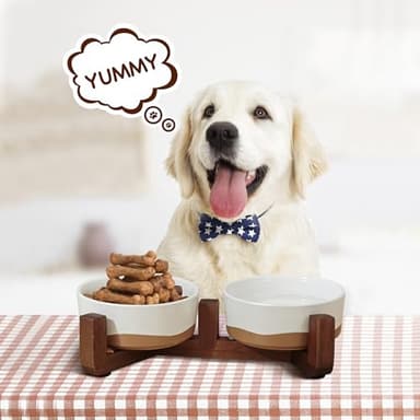 Lareina Ceramic Dog Bowl for Food and Water, 3 Cups Pet Bowl Set with Non-Slip Wood Stand for Your Small Medium Sized Dog, Vanilla White - Image 2