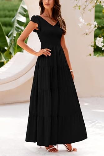 PRETTYGARDEN Women's Summer Flowy Maxi Dress Casual Cap Sleeve V Neck Smocked Beach Sundress (Solid Black,Small) - Image 6