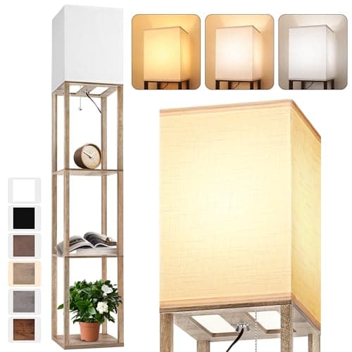 Floor Lamp with Shelves for Living Room Natural Wood, Shelf Floor Lamp with 3 CCT LED Bulb, Corner Display Standing Column Lamp Etagere Organizer Tower Nightstand with White Linen Shade for Bedroom - Image 1