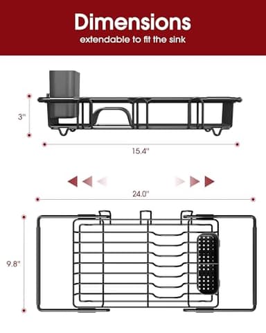 Sakugi Dish Drying Rack in Sink - Expandable Stainless Steel Dish Rack Over The Sink, Kitchen Sink Drain Strainer with Cutlery Holder & Cup Holders, 15.4 x 9.8 x 3.0 Inch, Black - Image 6