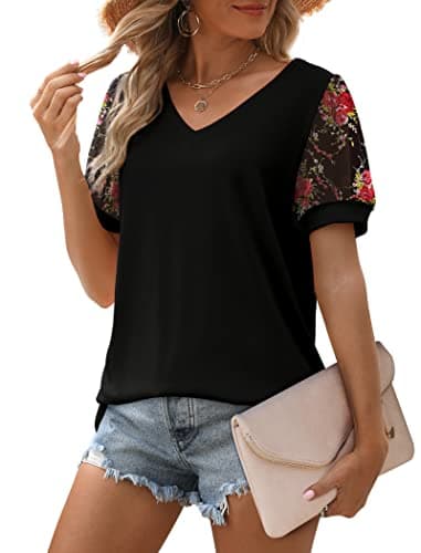 Summer Tops for Women Dressy Casual Swiss Dot Puff Sleeve Tops V Neck T Shirts XX-Large Black Floral - Image 2