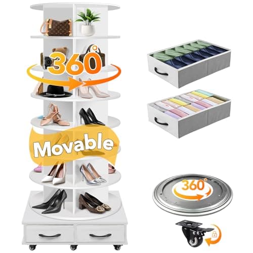 8 Tier Rotating Shoe Rack Tower contains 2 drawers, Spinning Shoe Rack Display Lazy Susan, Revolving 360 Shoe Racks Storage Round Carousel, Equipped with 5 Universal Wheels with Brake Function - Image 1