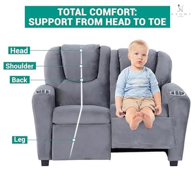 Naomi Home Suri Kids Recliner Loveseat with Cup Holders & Footrests, Gray Microfiber - Cozy 2-Seater Lounge for Children - Image 6