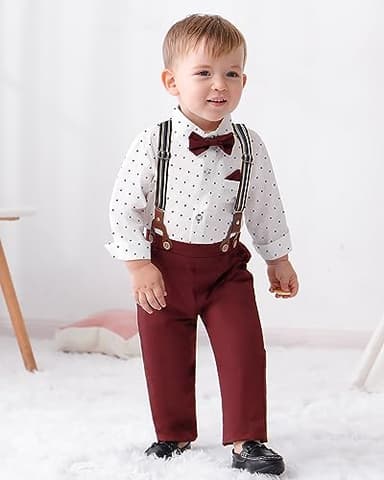 DISAUR Toddler Boy Wedding Outfits Short Sleeve White Flower Dress Shirt Bow Tie Suspender Christmas Red Plaid Pants Baptism Outfits For Boys 12 Months 1t 18 Months - Image 3