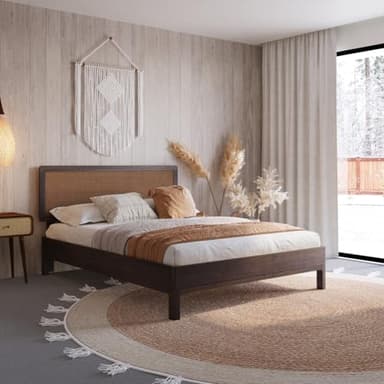 Bme Nipe Queen 14 Inch Bohemian Bed Frame with Adjustable Woven Headboard - Rustic & Vintage Unique Style with Acacia Wood - No Box Spring Needed - Easy Assembly - Walnut - Image 6