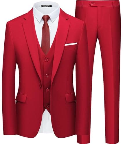 WULFUL Men’s Slim Fit Suit One Button 3-Piece Blazer Dress Business Wedding Party Jacket Vest & Pant Wine Red - Image 1