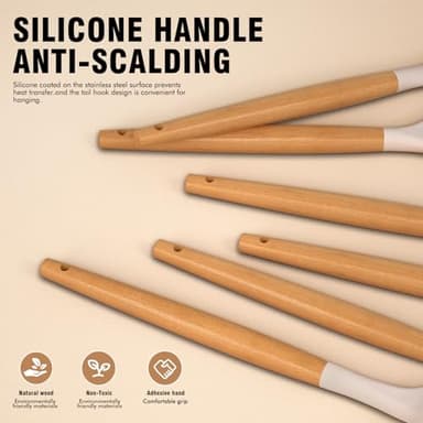 Silicone Cooking Utensils Set - Silicone Kitchen Utensils for Cooking Wooden Handles, 446°F Heat Resistant Kitchen Utensil Spatula Sets w Holder, Gadgets for Non-Stick Cookware BPA FREE (Khaki) - Image 7