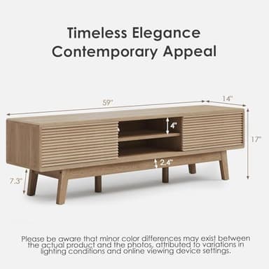 TOLEAD 59" TV Console, Mid Century Modern Media Console for 55/60/65 Inch TV, Low Profile TV Stand with Fluted Sliding Doors, Boho Light Wood Credenza for Living Room, Oak - Image 2