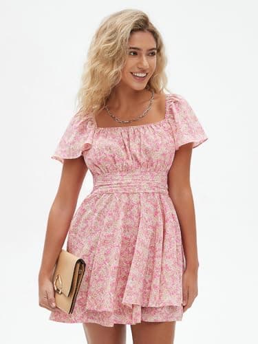 EXLURA Women's 2025 Summer Ruffle Short Sleeve Tie Back Romper Dress Square Neck A Line Cute Dressy Short Jumpsuits - Image 3