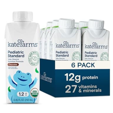 KATE FARMS Organic Pediatric 1.2 High Calorie Chocolate Nutrition Shake, 12g Protein, 27 Vitamins and Minerals, Meal Replacement, 8.45 oz (6 pack) - Image 1