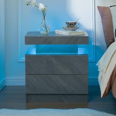 i-aplus Grey Night Stand Set 2 Modern Bedside Tables with 2 Drawers Bedroom Night Stands Set of 2 LED Night Stand for Bedroom, Living Room - Image 3