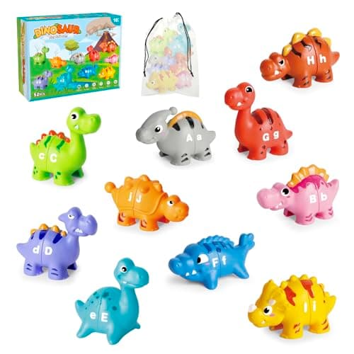 52 PCS Dinosaur Alphabet Learning Toys for Toddlers Kids 3-5, 10 Different Dinosaur Figures, Double Sided ABC Matching Game, Preschool Activities Montessori Fine Motor Toys for Toddlers Kids - Image 1