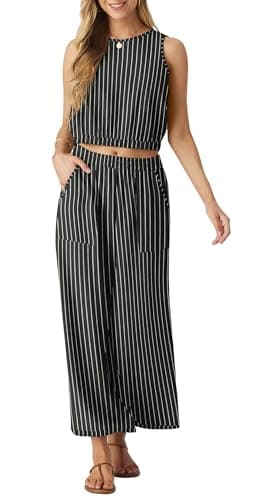 GRECERELLE 2 Piece Sets Summer Resort Wear for Women 2025 Sleeveless Crop Top Wide Leg Pants Sweat Set for Women Black Stripe-L - Image 2