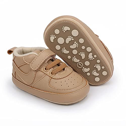 Clowora Unsex Baby Shoes Boys Girls Infant Sneakers Non-Slip Soft Rubber Sole Toddler Crib First Walker Lightweight Shoes (A02/Khaki,12-18 Months) - Image 1
