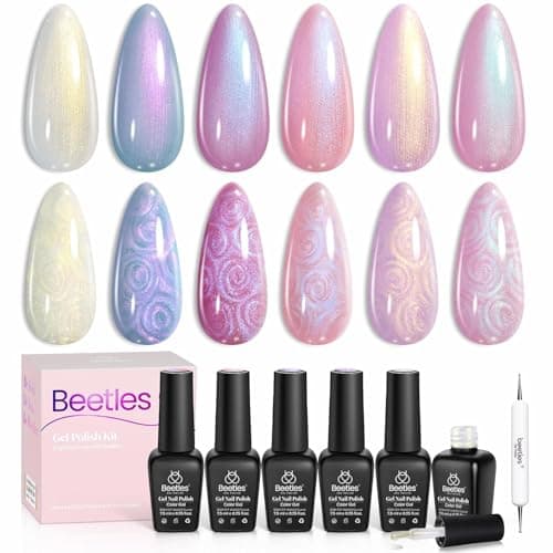 Beetles Pearl Gel Nail Polish, 6 Colors Shimmer Pearl White Pink Purple Mermaid Nail Drawing Gel Polish Soak Off Uv Gel Polish Swirl Shell Thread Effect DIY Manicure Gift for Women - Image 1