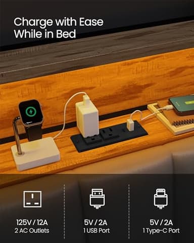 VASAGLE LED Bed Frame Queen Size, Storage Headboard and Charging Station, Queen Bed Frame with 2 AC Outlets, 1 USB Port, 1 Type-C Port, No Box Spring Needed, Dove Gray and Camel Brown URMB841G01 - Image 5