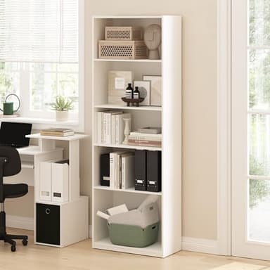 Furinno Gehry 5-Tier Bookcase, Bookshelf with Adjustable Shelves, White - Image 2